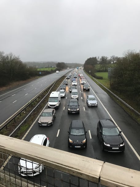 Traffic queuing on the M5 towards Wellington