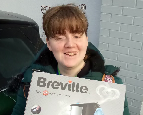 Willow with the new piece of equipment that’s been a big help to her