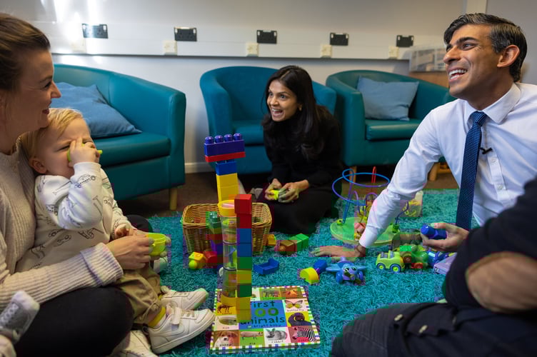 09/02/2023. St Austell, United Kingdom. The Prime Minister Rishi Sunak and his wife Akshata Murty visit a Family Hub in Cornwall where they met with staff, parents and children along with Andrea Leadsom MP. St Austell Family Hub. Picture by Simon Walker / No 10 Downing Street