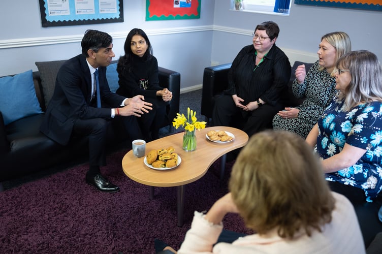 09/02/2023. St Austell, United Kingdom. The Prime Minister Rishi Sunak and his wife Akshata Murty visit a Family Hub in Cornwall where they met with staff, parents and children along with Andrea Leadsom MP. St Austell Family Hub. Picture by Simon Walker / No 10 Downing Street