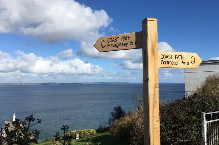 The new sign on the South West Coastal Path showing the direction to 'Mavagissey' - Cornwall Council is now replacing the signs with the correct spelling Mevagissey