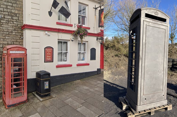 The telephone box where it used to be and how it currently looks while getting repainted