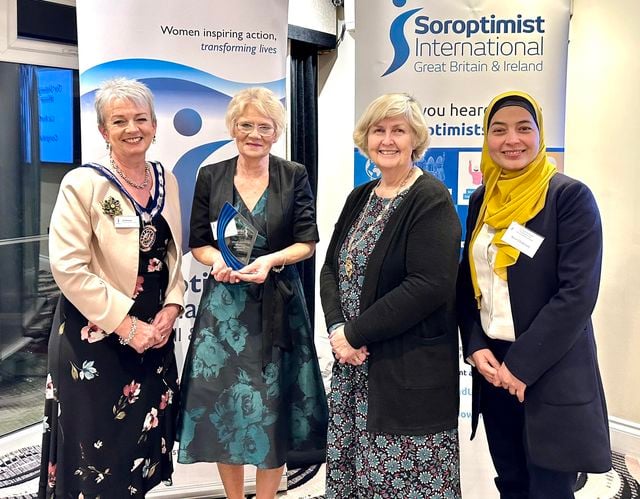 Soroptimist president Jill Barnard with winner Liz Northcott, South West region president Valerie Nuttall and Nour Chakroun