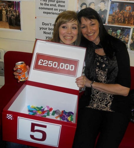 Tegen and her mother with her winning box. See SWNS story SWNJdeal. A woman who won Â£250k on Deal or No Deal has told how she had to keep her prize money a secret while waiting for her episode to air. Tegen Roberts, 32, initially applied to the game show after being a fan for years. After putting herself forward for two years - between 2008 and 2010 - she finally got the call to audition in Bristol in August 2010. The process included team-building games in groups - like âthrowing bean bags to each otherâ - as well as answering questions about herself on camera. 