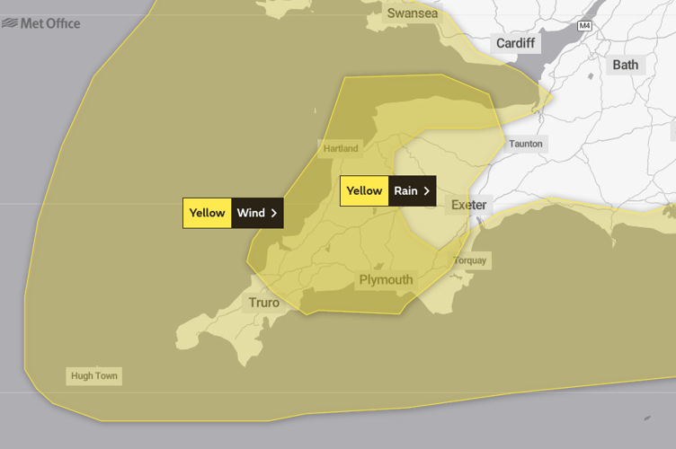 A map showing areas affected by Met Office Yellow weather warnings for Cornwall