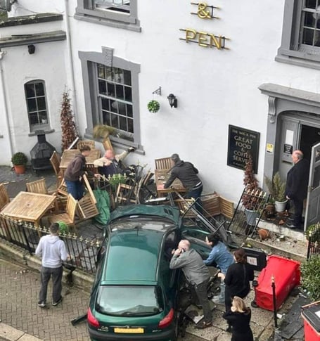 The pub crashing into the Wig & Pen