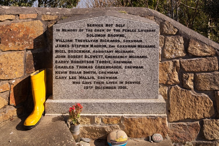 Penlee Lifeboat House and Slipway, Penlee Point, Mousehole, Cornwall.
Detail of memorial stone: Service Not Self. In memory of the crew of the Penlee Lifeboat Soloman Browne. Memorial garden, view from west. A memorial garden to the eight lifeboatmen lost when the Solomon Browne attempted the rescue of the coaster Union Star in hurricane condtions on the 19th December 1981. Known as the the Penlee Lifeboat Disaster, this was one of the most catastrophic disasters of the 20th century and the last time the RNLI lost an entire crew in action.