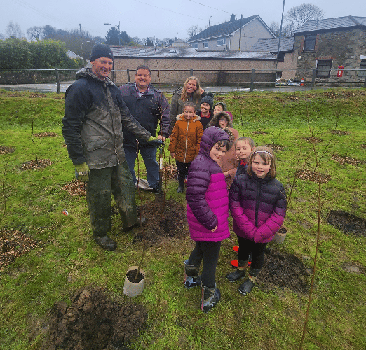 The tree planting in bad weather at Tregrehan Mills