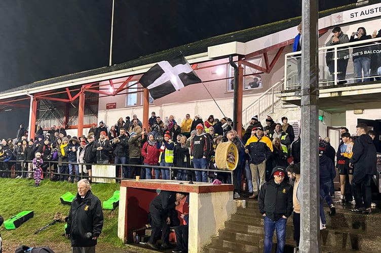 A packed main stand at Tregorrick Park for Cornwall's Tamar Cup clash against Devon on March 15 2023.
