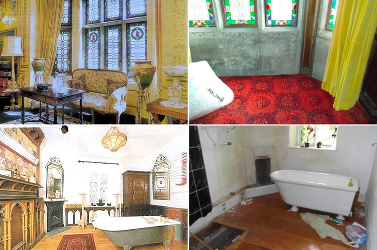 Before and after images detail the extent of damage caused to Grade 2* listed Bochym Manor in Helston by the seller. See SWNS story SWLNmanor. These pictures show the 'war zone' that greeted a family arriving for the first time at their historic £1.5m manor home - after the seller 'gutted' it before completion. Martin and Sarah Caton thought they were buying into an idyllic Cornish lifestyle when they purchased the Grade 2* listed Bochym Manor in Helston in 2014. But their dream move turned into a nightmare when they arrived and discovered the building had been ripped apart and stripped bare - with some of the doors, windows, fireplaces and even floors being removed.