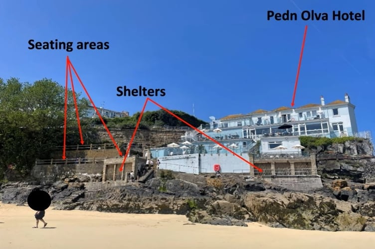 A photograph showing where the area where the shipping container café would be situated, beneath the Pedn Olva Hotel in St Ives 