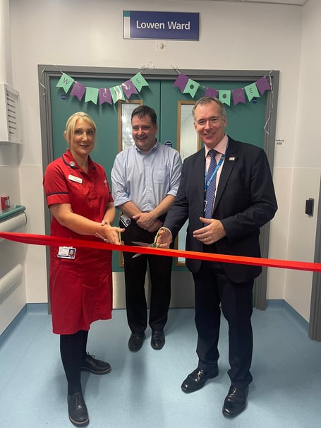 At the new Lowen Ward ribbon cutting, left to right, clinical matron cancer services Sarah Caskey, consultant hematologist and associate medical director Bryson Pottinger, and CEO Steve Williamson