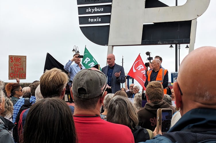 RMT boss Mick Lynch speaking at Penzance Railway Station today