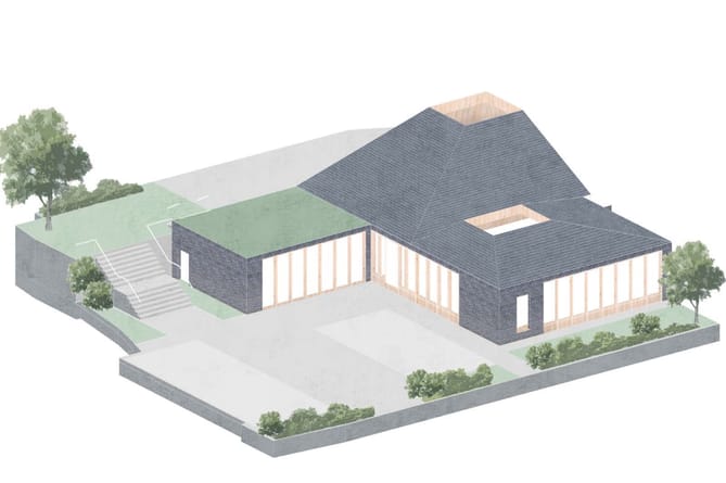 WORK is due to get underway building a new church in Newquay. The Mid Cornwall Methodist Circuit says it is hoping to start the groundworks “very soon” for a brand house of worship on a vacant site in Pargolla Road. The scheme locates all occupiable spaces in one storey at ground level. A previous proposal was two storeys. Rev Clare Anderson said: “The amended project includes much more environmental sustainability and better reflects our vision to offer a space for the local community. “We envisage the outside green spaces being available to all and offering a haven of peace whether or not people venture into the building.” APG, on behalf of the Mid Cornwall Methodist Circuit, said: “The brief is to provide a Community Centre and place of Worship for Newquay Methodist Church. “The centre will provide a support hub for both the community and church at all times, accessible for use by groups in the local community even when the church facilities are not required. “The centre looks to provide a drop-in service, enabling people to safely enjoy elements of the gardens and café facilities. “The building is designed to be highly sustainable and energy efficient. “The proposal maintains the same size of 244 sqm gross internal area, with slightly reduced massing. The volume maintains a position on the western side of the site, appropriate to the scale and form of its context. “Where the previous scheme provided 11 car parking spaces, the proposed allows for 12 with potential for more. “Addition of EV charging points improves on the sustainable travel principles. “The building is comprised of two wings. “The services and more private office spaces wrap around one wing tucked into the bank; the welcoming kitchen table zone, public community space and worship space form the other wing, facing toward the public street. “These zones are visually linked through cloister-esque windows which encourage people to perch on their deep window sills to enjoy a coffee, both inside and out. “The hipped roof form is now split into two hipped volumes, which sit with the majority of the massing much lower than the previous scheme. “Where the design previously featured a dark metal roof, it is now proposed as a hipped slate roof volume, using vernacular Cornish materials in keeping with the local materiality. “Integrated photo-voltaic / solar panels will sit within the southern orientated roofscapes, blending with the character of the slate roof finish. “The facades are clad in timber with the addition of horizontally arranged Cornish slate profiles, further emulating its context.”