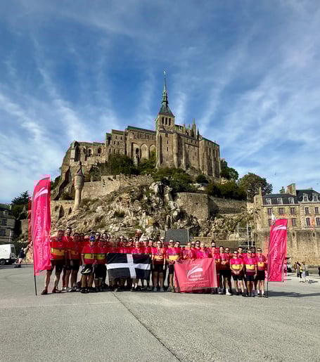 Cornwall Hospice Care Overseas cyclists at Mont St Michel