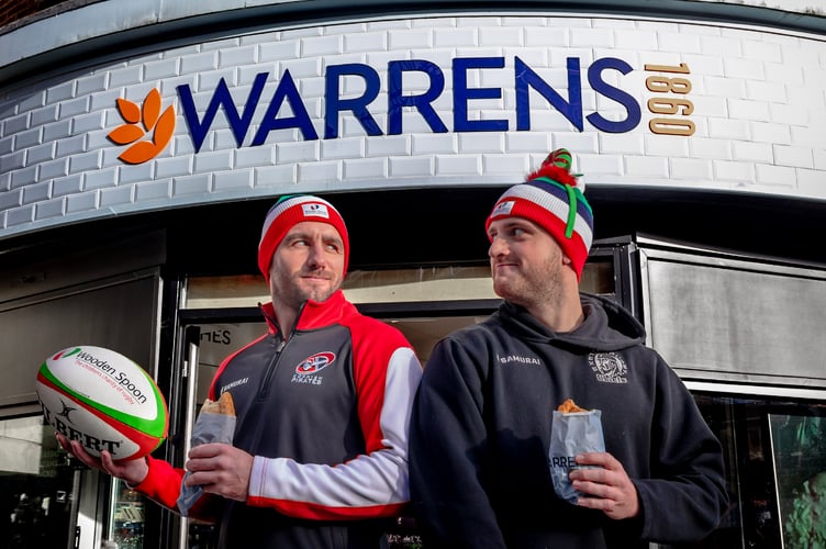 Cornish Pirates’ Kyle Moyle and Exeter Chiefs’ Sam Maunder with their pasties