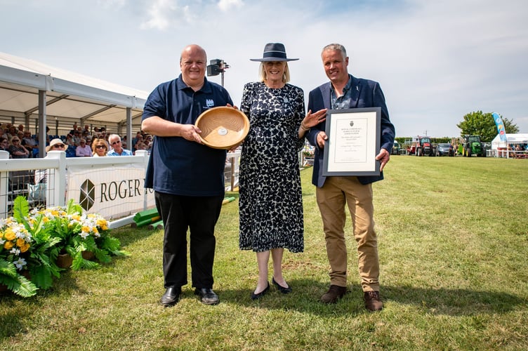 The 2023 Duke of Cornwall’s Award winners Treleague Dairy with last year’s show president Alexandra Bolitho