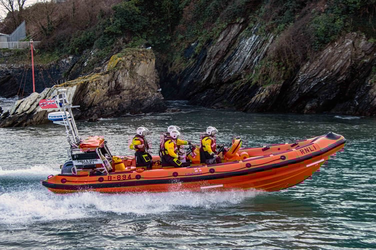 Looe RNLI Atlantic 85 Sheila and Dennis Tongue II returning to station from Tregonhawke