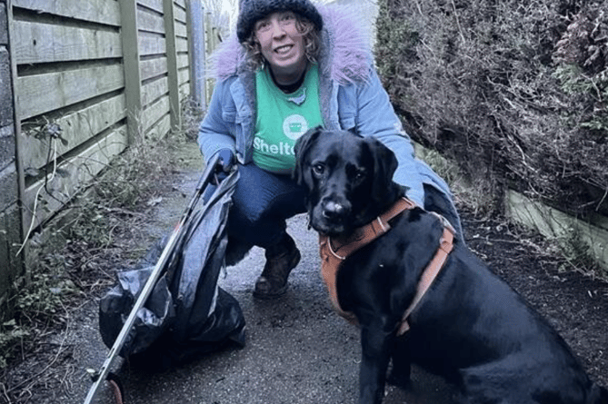 Jenn Sandiford accompanied by her dog Groot is litter picking throughout Lent for ShelterBox