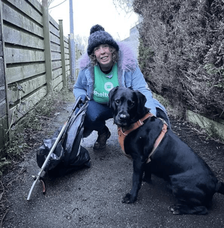 Jenn Sandiford accompanied by her dog Groot is litter picking throughout Lent for ShelterBox