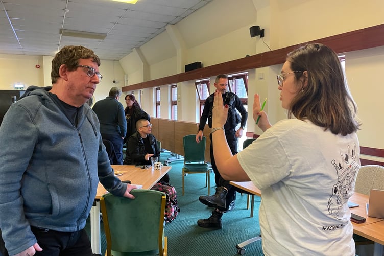 Alicia Puckey, sister of Michael Riddiough-Allen discussing plans with the Mayor of Bodmin, Cllr Philip Cooper