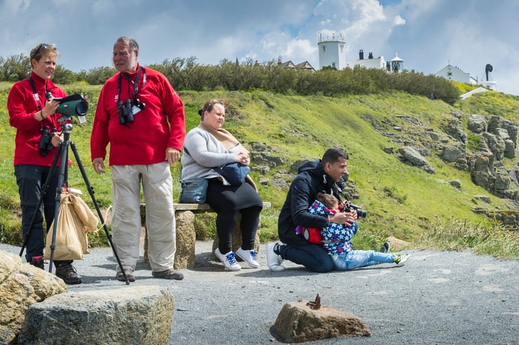 Volunteers show visitors the local wildlife from the watchpoint at Lizard Point, Cornwall. Lizard Point is one of the best places to see seabirds in UK with exciting species such as: gannets, puffins, terns, guillemots, razorbills, various skuas and shearwaters travelling through the English Channel.