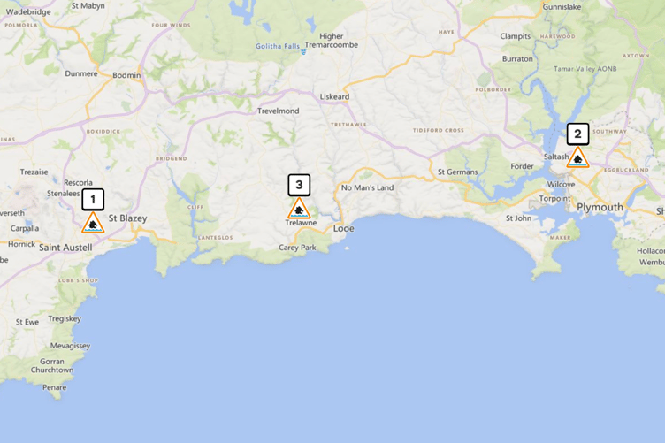 The flood alerts issued for areas along the South East Cornwall coastline