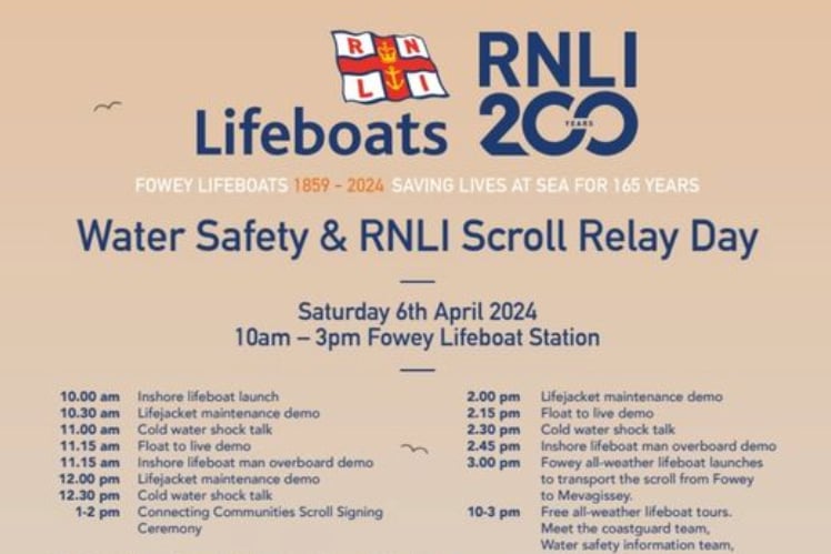 Fowey Lifeboat Station is holding a water safety and RNLI scroll relay day tomorrow.