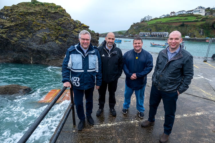 MP Steve Double, Mevagissey harbourmaster Andrew Trevarton and Cornwall Councillors James Mustoe and Louis Gardner.
