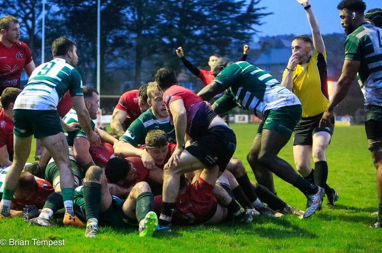Cornish Pirates prop Marlen Walker, who was named the home side's man of the match on his return to the team, scores their first try on Friday night.