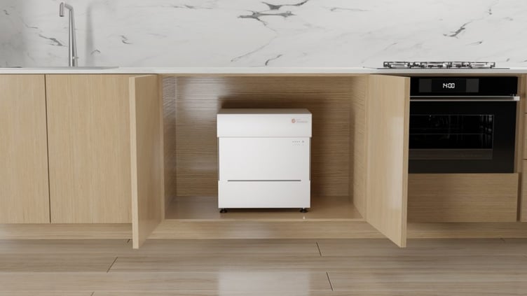 The Kensa Shoebox heat pump in a kitchen cabinet