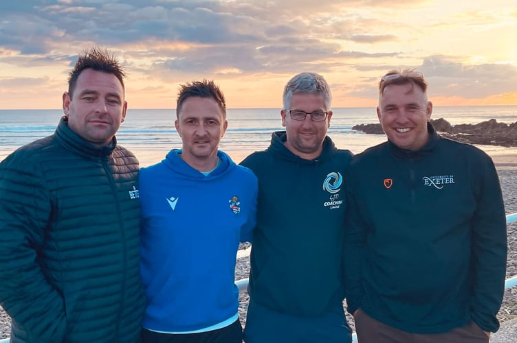 Bude Town's new management team of Rob Francis (head coach), Steve Hackett (manager), Liam Dart (assistant manager) and Karl Tweitman (fitness coach) have ensured the Seasiders sit tenth in SWPL Premier West after a crazy summer at Broadclose Park. Picture: Bude Town AFC