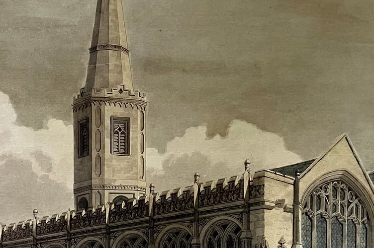 St Mary's new steeple, drawn in 1805 by W Varley
