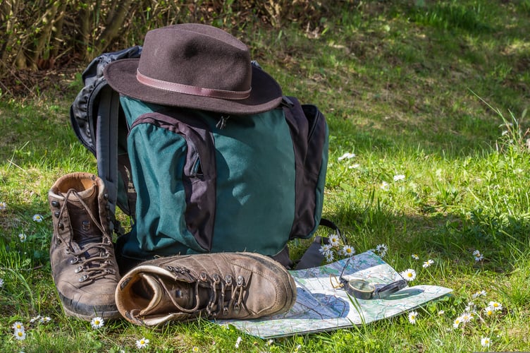 Rucksack, map, boots, hat