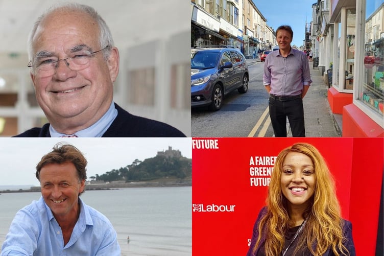 Green Party – Ian Flindall (top left), Conservative – Derek Thomas (top right), Liberal Democrats – Andrew George (bottom left), Labour – Dr Filson Ali (bottom right). Not pictured: Reform UK – Giane Mortimer