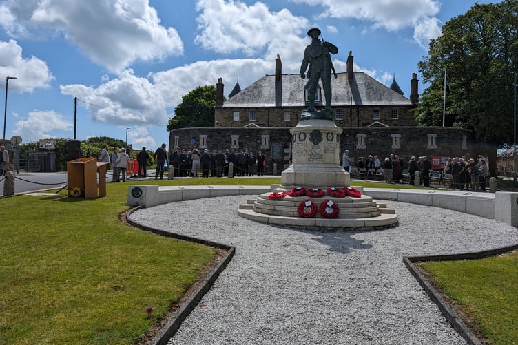 Wreaths laid at the memorial statue outside of Bodmin Keep on the 80th anniversary of D-Day