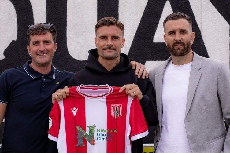 Jack Bray-Evans (centre) with first team manager Shaun Middleton (left) and club chairman Jack Hunter, scored on his return from the bench. Picture: Newquay AFC