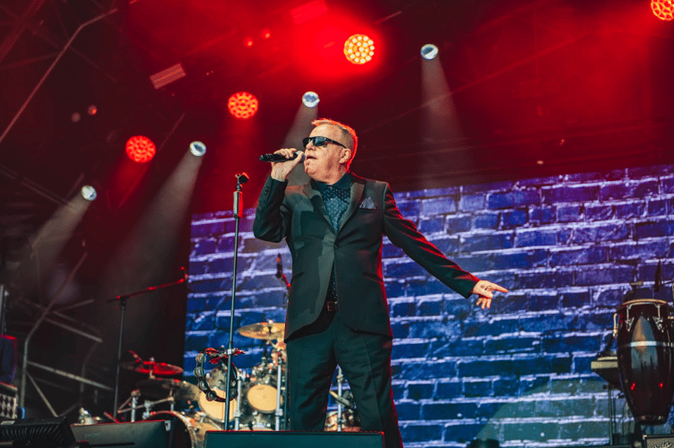 Suggs rouses the crowd for Madness at the Summer Sessions on Plymouth Hoe last night.