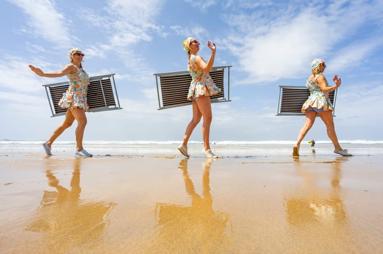 Wildcard - Arts On The Beach event at Watergate Bay. A free family weekend of whale theatre, aerial performance, a 13-foot roaming puppet, dance, music and creative workshops. The second Arts on the Beach event following its inauguration last year. Newquay, Cornwall. June 15 2024.