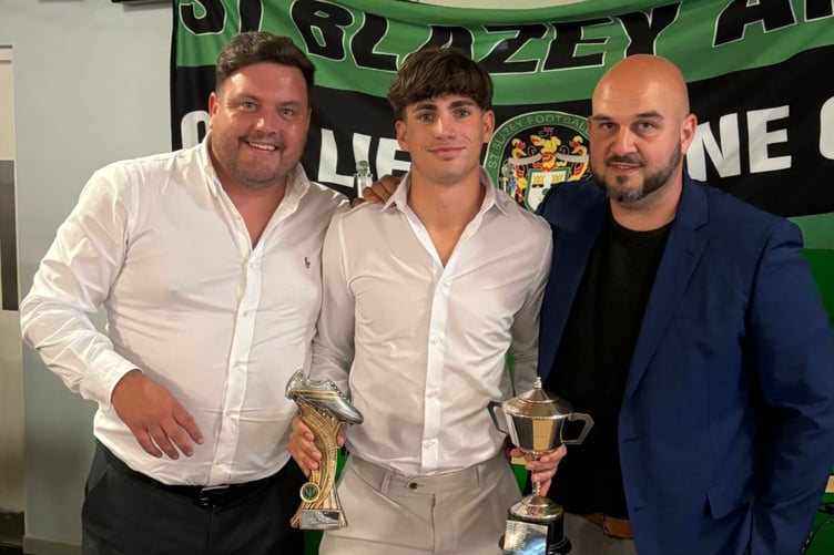 Brad Richardson (left) and Andrew Moon (right), pictured with last season's young player of the year Sam Clifton, have reacted to their departure from Blaise Park. Picture: St Blazey AFC