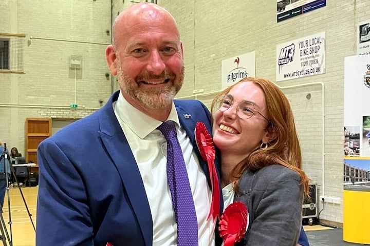 New Labour MP for Camborne and Redruth Perran Moon celebrates at the Carn Brea count with daughter Tamara.