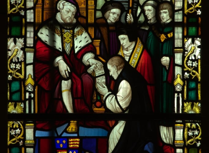Truro Cathedral window showing King Henry VIII with Archbishop Cranmer 