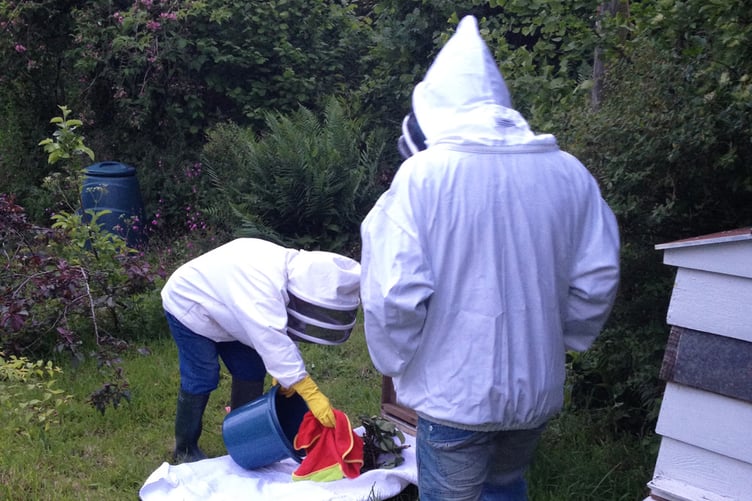 Mother, Frankie Lister, showing Lizzy's son Walter how to settle a swarm into a new hive