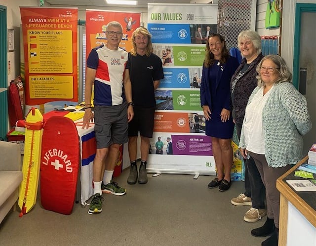 L to R: Neil Tunstall, Sam Thomas (RNLI), Amelia Kitchen GLL Senior General Manager, Cllr Jenkin and Cllr Boase