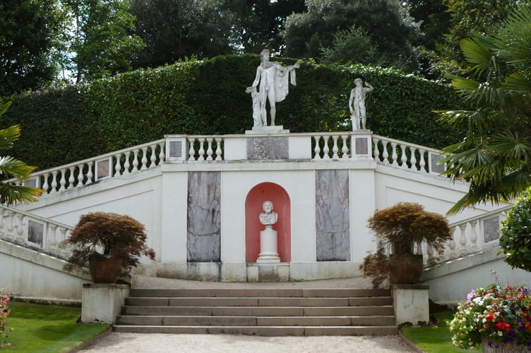 A view of sculptures in the Italian Garden at Mount Edgcumbe Country Park.