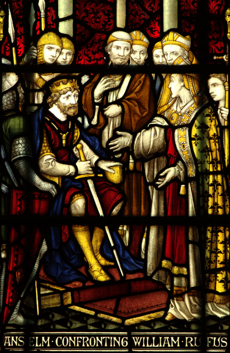 A stained glass window at Truro Cathedral depicting St Anselm confronting William Rufus