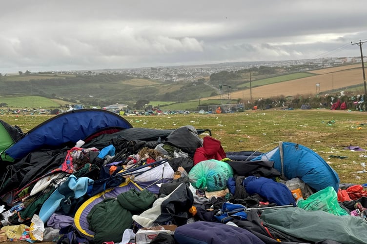 The aftermath of Boardmasters festival in Newquay, Cornwall. Photo released August 14 2024. These pictures show the aftermath of Board masters festival. Jay Mcgillan , 19, was working throughout the festival with Oxfam and was shocked when he discovered how much rubbish was left behind.He believes that around 70 per cent of the festival was left behind. From tents, camping chairs, Lilo's, blankets etc.Jay wanted to take some tents home with him as he will be attending fashion school and wanted to find some materials to use for future projects.
