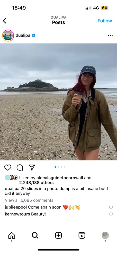 Dua Lipa's Cornwall "photo-dump" on Instagram