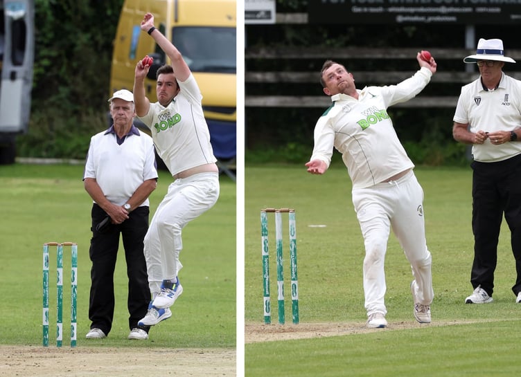 Ben Ellis (4-30), pictured left, and skipper Graham Wagg (2-21) shared six wickets as Helston were dismissed for 114 at Moores Park. Pictures: Glen Rogers