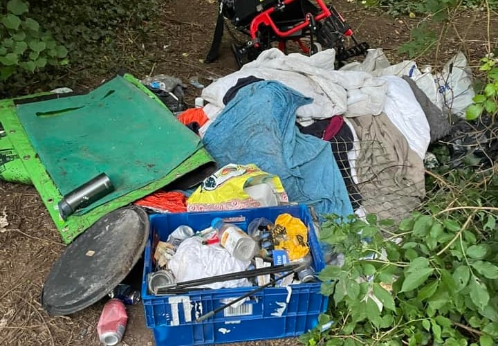 Needle wrappers and rubbish left at the community orchard within the grounds of New County Hall in Truro